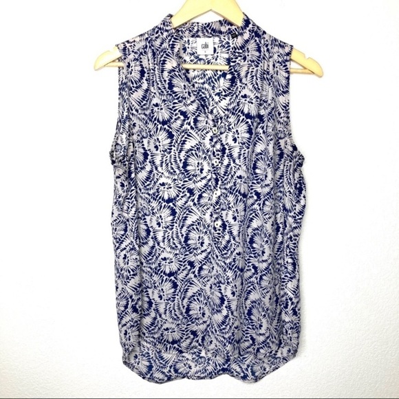 CAbi #5038 White/Blue Plaza Sleeveless Top - Picture 7 of 10